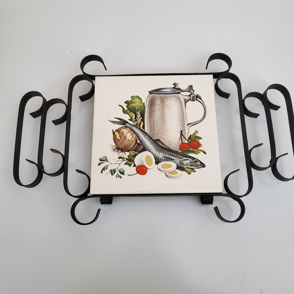 Vintage Wrought Iron and Ceramic Tile Trivet Fish and Eggs - Picture 6 of 16
